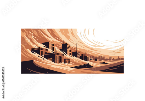 Massive sandstorm engulfs a cityscape, illustrating environmental challenges and the power of nature