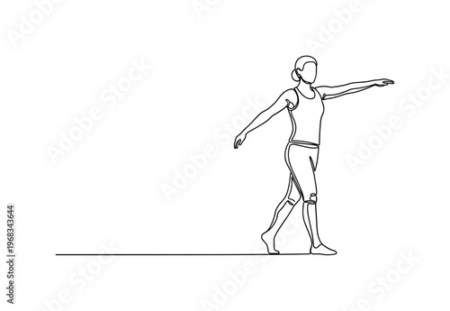 Mobility Exercises. Minimalistic one-line drawing individual performing slow arm and leg swings, continuous single black line on white background, simple