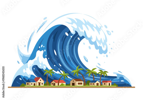 Massive Ocean Wave Crashing Over Coastal Village Causing Destruction and Danger