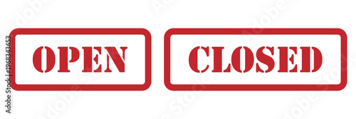 Open and closed red rubber stamp icons with stencil text style and rounded frame vector illustration isolated on white background for store or business status.