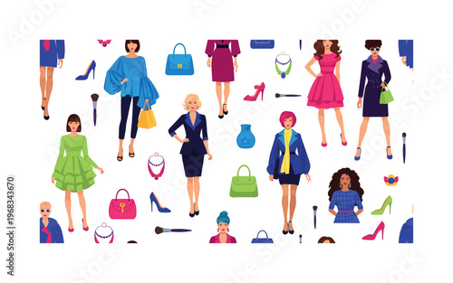 vivid fashion icons seamless pattern, repeating pattern, surface design, textile print, modern illustration of models with bold makeup, colorful outfits,