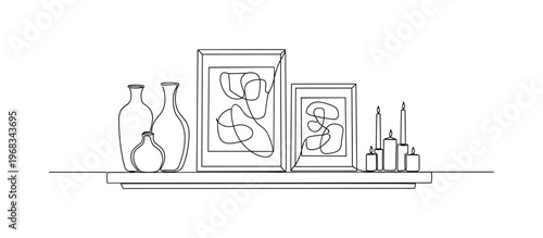 Decorative Shelf. Minimalistic one-line drawing mantel with vases, candles, and framed art, continuous single black line on white background, simple outline