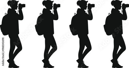 Silhouette photographer taking pictures with camera, multiple poses vector illustration isolated on white background, creative photography and hobby concept