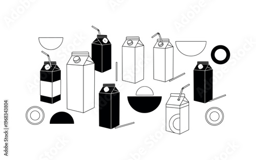juice and beverage cartons geometric rings semicircles and minimal straw icons vintage black and white boxed drinks arranged for sale or storage with white
