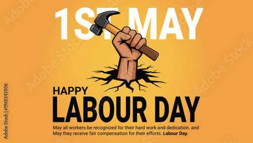 International labor day poster design with raised fist holding wrench symbolizing workers strength unity and rights celebration on first may holiday banner