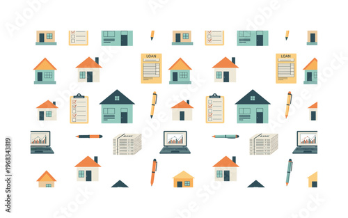 mortgage application seamless pattern, repeating pattern, surface design, textile print, modern illustration of houses, loan forms, checklists, pens, laptops