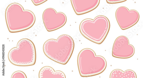 Flat lay of pink heart-shaped cookies with white and gold details on a white background with scattered sparkles.