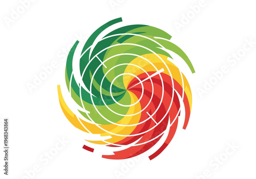 Abstract illustration of a swirling hurricane with colors indicating storm intensity