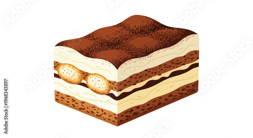 Illustration of a layered tiramisu dessert with cream and cocoa powder on a white background.