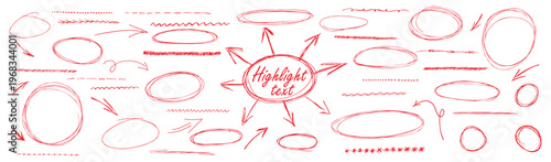 Red pen strokes circle underline shapes with doodle arrow elements. Vector set bundle highlight text scribble. Rough strike lines encircle note fragments for creative accent elements.