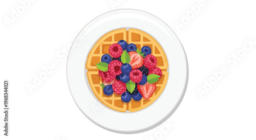 A plate of waffle with strawberries, blueberries, and raspberries on a white background, flat lay from above with a minimalist composition.