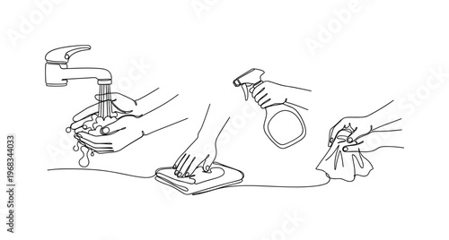 Hygienic Practices. Minimalistic one-line drawing washing hands, cleaning surfaces, and using tissues, continuous single black line on white background, simple
