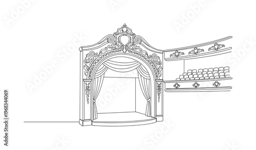 Period Theater. Minimalistic one-line drawing old theater with ornate details and stage view, continuous single black line on white background, simple outline
