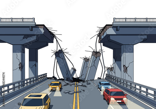 Damaged bridge collapse after disaster, cars navigating the broken roadway