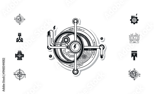 hybrid machinery geometric rings intersecting lines and minimal tube icons realistic black and white machine combining mechanical and electronic