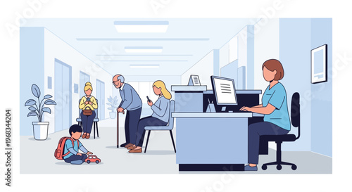 Diverse group of people waiting in a modern clinic reception area.