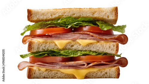 Stacked triple-decker sandwich with toasted wheat bread layers of ham cheese lettuce and ripe tomato, isolated on transparent background for menu design