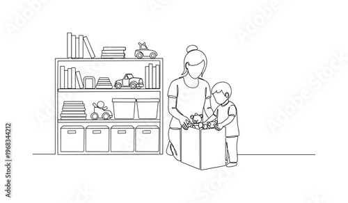 Organized Playroom. Minimalistic one-line drawing individual arranging toys neatly in bins and shelves, continuous single black line on white background,