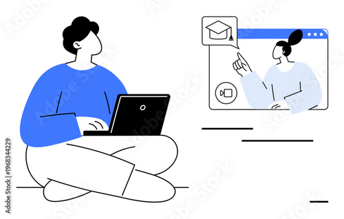 Online education, distance learning, virtual classrooms, e-learning platforms, remote teaching, digital communication. A student with a laptop viewing an instructors video. Online education