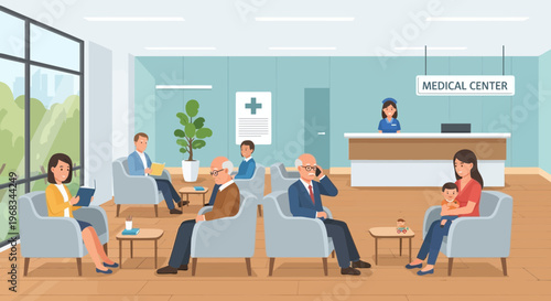 Diverse people waiting in a modern medical center reception area.