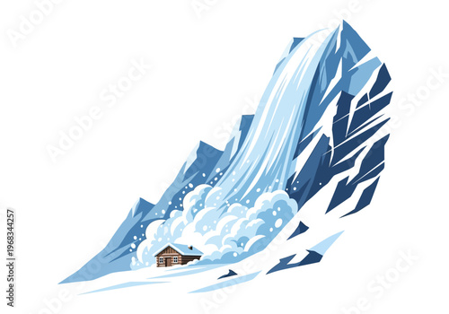 Massive avalanche crashing down a snow-covered mountain into a small wooden cabin
