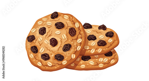 Illustration of three chocolate chip cookies with oats on a white background, with one cookie leaning on top of the other two.