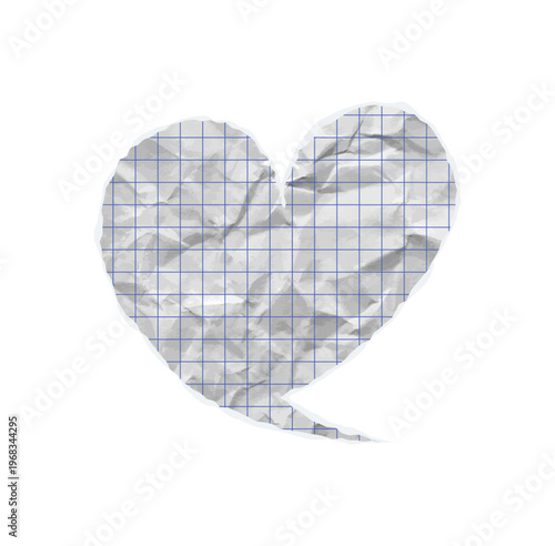 Torn paper chat balloon. Lovely vector ripped heart speech bubble. Crumpled notebook texture folded collage effect. Think or talk of couple love conversation dialogue text on checkered sheet.