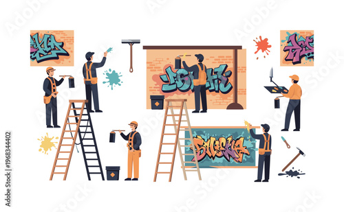 painter creating a mural seamless pattern, repeating pattern, surface design, textile print, modern illustration of street artists, spray cans, ladders, city