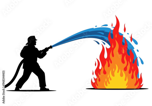 Firefighter silhouette spraying water to extinguish a large blaze