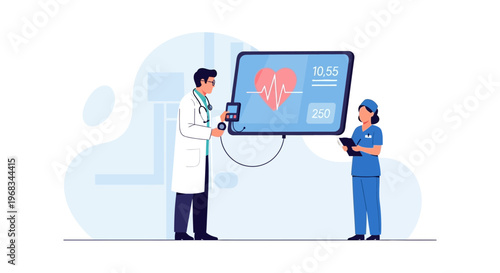 Doctor and nurse observing advanced medical technology display.