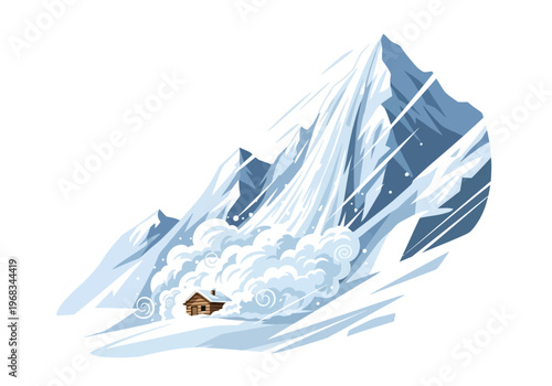 Snow avalanche engulfing a small house nestled at the foot of a towering, snow-capped mountain range