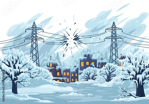 Winter power grid failure caused by electrical surge and snow covered cityscape