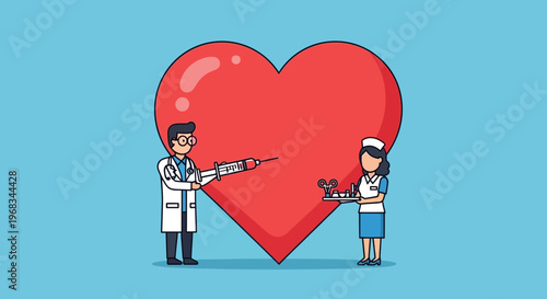 Doctor and nurse tending to a giant red heart with a syringe.
