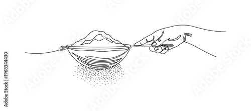 Baking Step. Minimalistic one-line drawing hand holding sieve and sifting flour, continuous single black line on white background, simple outline style, no