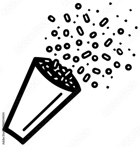Minimalist line art illustration of a confetti popper tube exploding with a celebratory burst of small particles symbolizing joy surprise and festive occasions presented