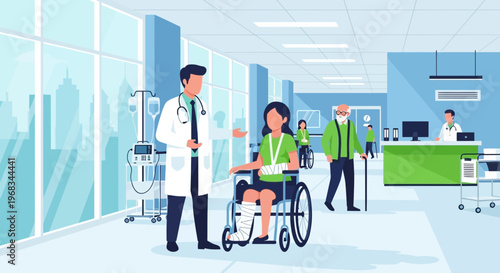Doctor Consults Injured Woman in Wheelchair at Hospital.