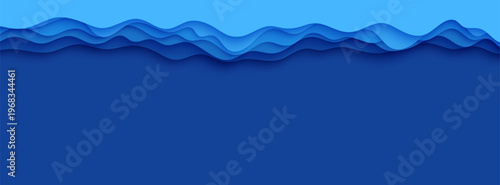 Wavy paper cut border with 3d abstract background featuring deep cut out waves. Blue layered smooth shadow papercut art. Vector card illustration origami environment template.