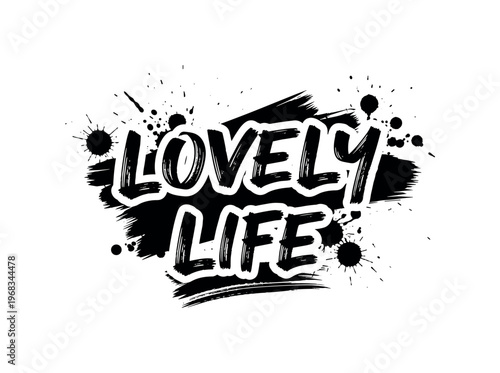 Lovely Life. lettering and all elements in black. Vector style. AWhite background. Pure white background. Perfect isolation and visual consistency. Grunge