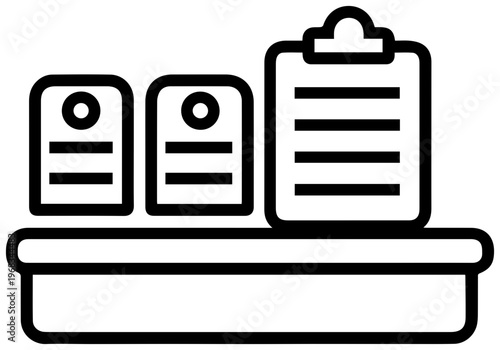 Minimalist line art illustration of a clean reception desk with two standing information panels and a clipboard on a white background representing registration information