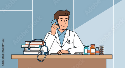 Doctor on Phone in Medical Office with Supplies.