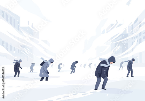 A group of people struggling to walk through a snow-covered city during a blizzard