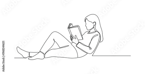 Book Reading. Minimalistic one-line drawing individual reclining and reading a book, continuous single black line on white background, simple outline style, no