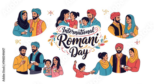 Vector illustration of diverse Romani people celebrating International Romani Day with colorful designs and patterns on a white background.
