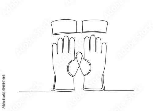 Safety Gloves. Minimalistic one-line drawing work gloves with cuffs, continuous single black line on white background, simple outline style, no shading, no