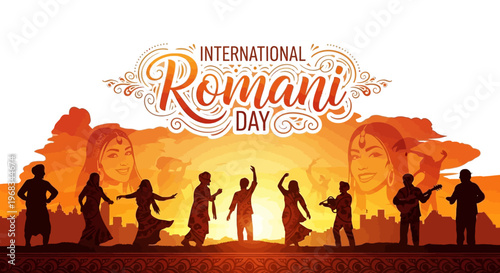 Vector illustration of people celebrating International Romani Day with a vibrant orange background and silhouettes of dancing figures.