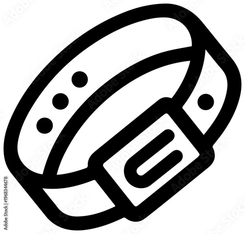 Minimalist vector icon of a sleek black wristband with a buckle closure and subtle dotted details representing fitness tracking event access or wearable technology isolated