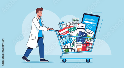 Doctor Pushing Shopping Cart Full of Medications Online.