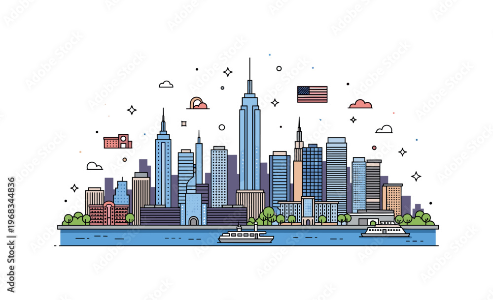 Obraz premium America New York City skyline concept where skyscrapers rise with a river in front while tiny sparkle and star icons highlight urban life, culture, and iconic