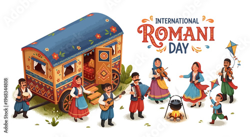 Illustration of people celebrating International Romani Day with a colorful caravan and traditional clothing, conveying cultural diversity and heritage awareness.