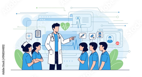 Doctor teaching medical students in a modern classroom setting.